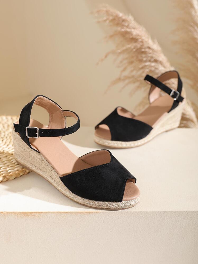 Women Peep Toe Espadrille Ankle Strap Sandals Vacation Black Faux Suede Wedge Sandals