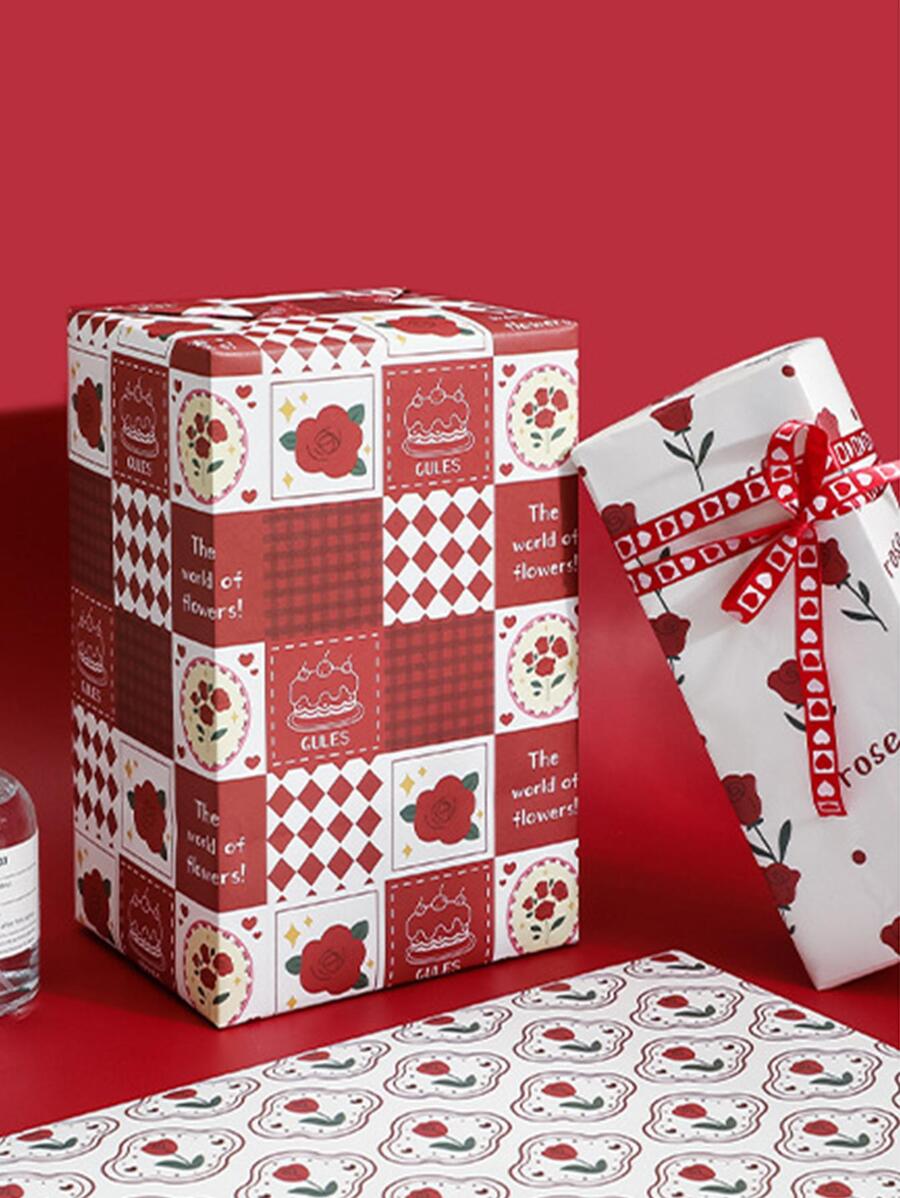 6 Sheets Flower & Checkered Pattern Gift Wrapping Paper - Multicolor - View 1
