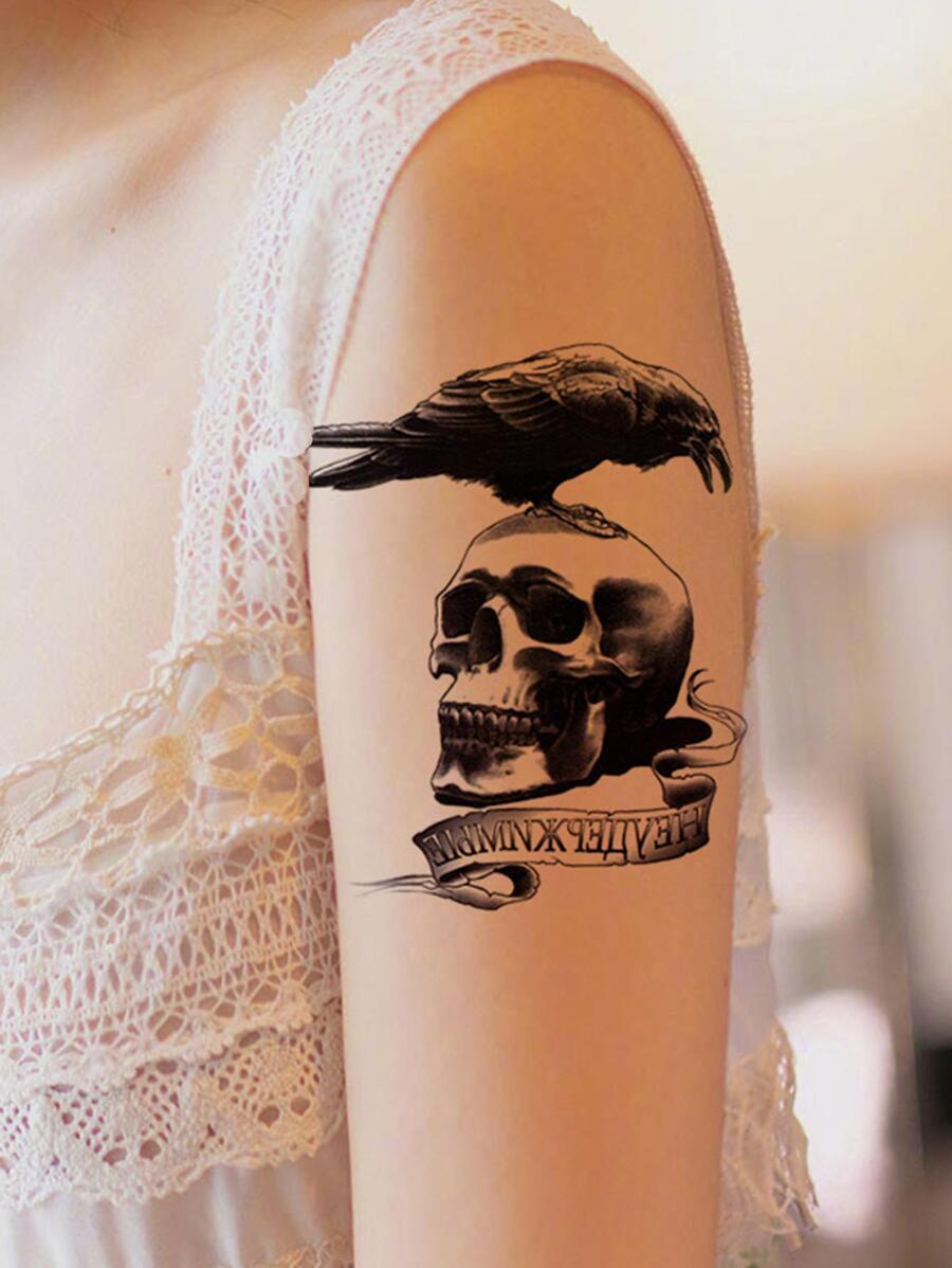 1pc Impermeable De Los Hombres De Larga Duración Águila Y Calavera Tatuaje Pegatina Para Brazo, Resistente Al Sudor - Negro - Ver 1