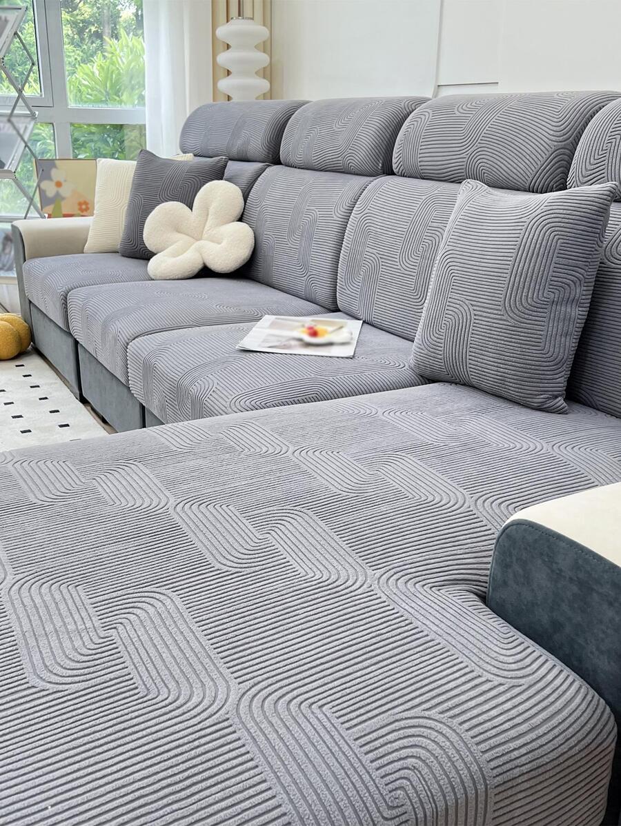 1pc Striped Jacquard Stretchy Sofa Seat Cover - Dark Grey - View 1