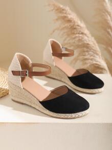 女士編織坡跟鞋,度假仿麂皮踝帶淺口坡跟鞋 - 黑色 - 查看 1