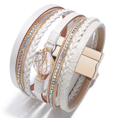 1pc Fashionable Zinc Alloy & Pu Leather Bracelet With White Magnetic Clasp For Women's Everyday Wear