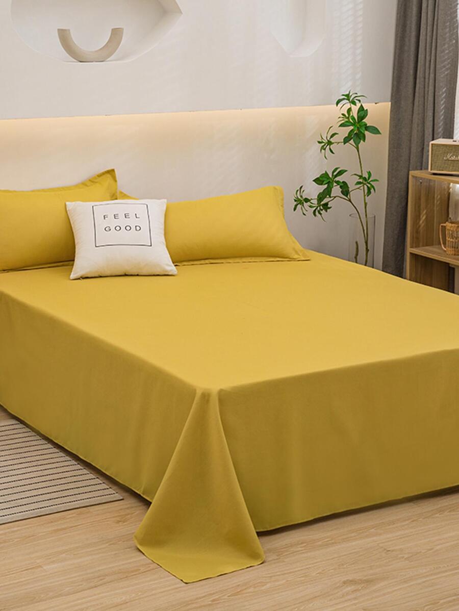 3 Cái/bộ Đồng Màu Tấm Phẳng Bộ Không Chất Độn, Bộ Ga Giường Vải Tối Giản Cho Gia Đình - Màu vàng - Xem 1