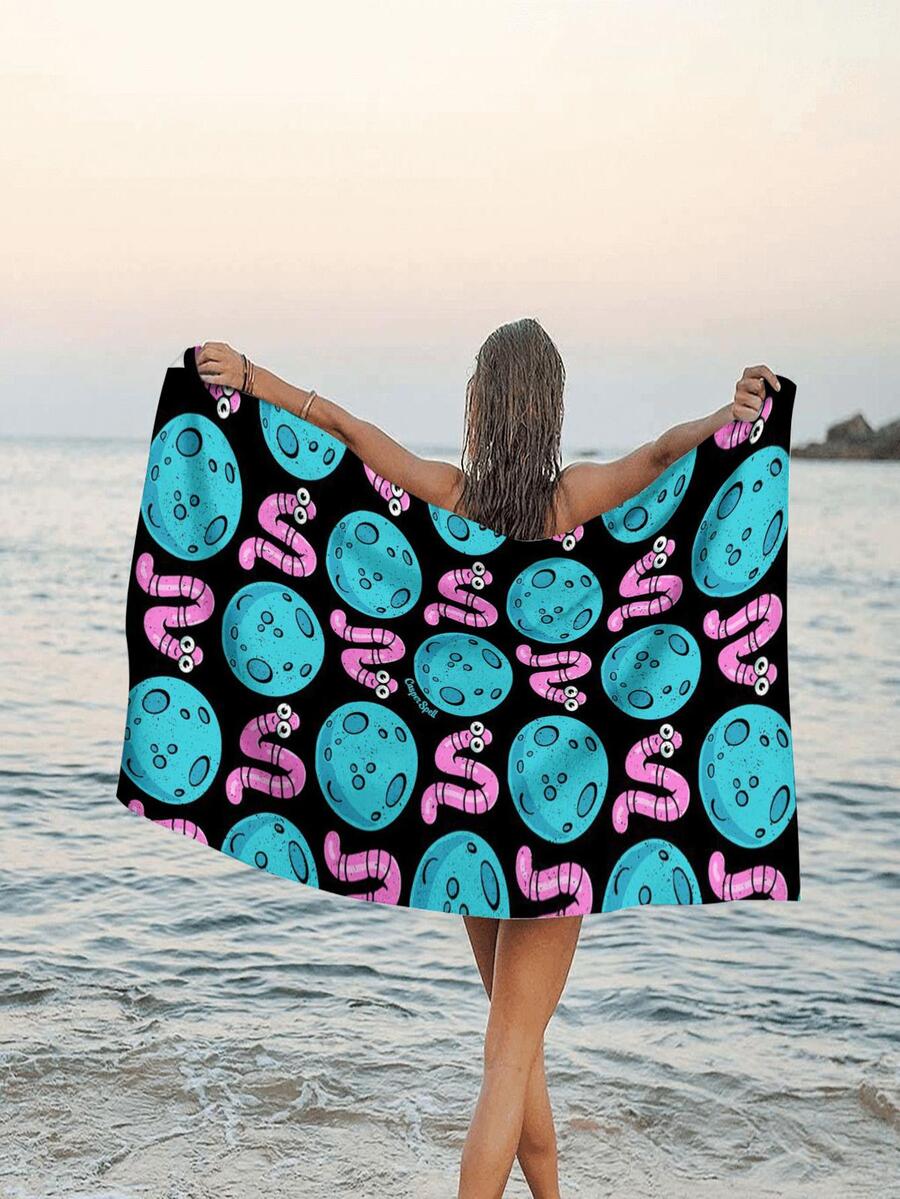 1pc Digital Print Beach Towel With Planets And Worms Pattern For Home, Life And Bathroom - Multicolor - View 1