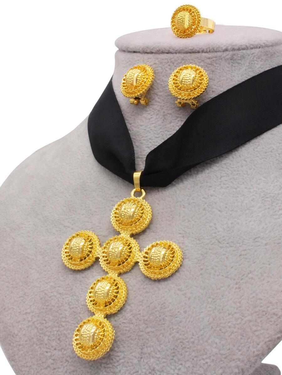 金色新娘高級首飾套裝女式結婚妻子禮物繩索項鍊吊墜耳環首飾套裝 - 黑色 - 查看 1