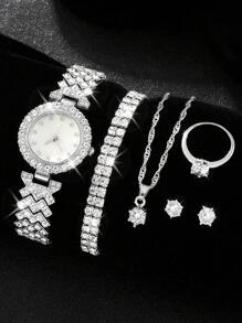 1pc Men Women Silver Rhinestone Decor Zinc Alloy Strap Glamorous Round Dial Quartz Watch & 1pc Bracelet, For Daily Life - Silver - View 1