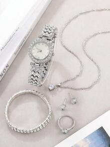 1pc Men Women Silver Rhinestone Decor Zinc Alloy Strap Glamorous Round Dial Quartz Watch & 1pc Bracelet, For Daily Life - Silver - View 4