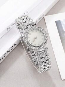 1pc Men Women Silver Rhinestone Decor Zinc Alloy Strap Glamorous Round Dial Quartz Watch & 1pc Bracelet, For Daily Life - Silver - View 2