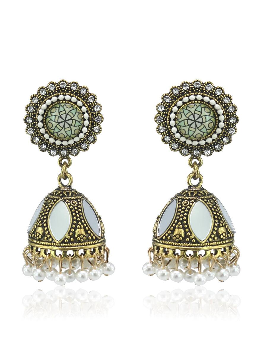 2入組歐美復古誇張風格的燈籠形和鐘形耳環,繩手工珍珠流蘇搭配花型切割設計,適用於女士 - 白色 - 查看 1