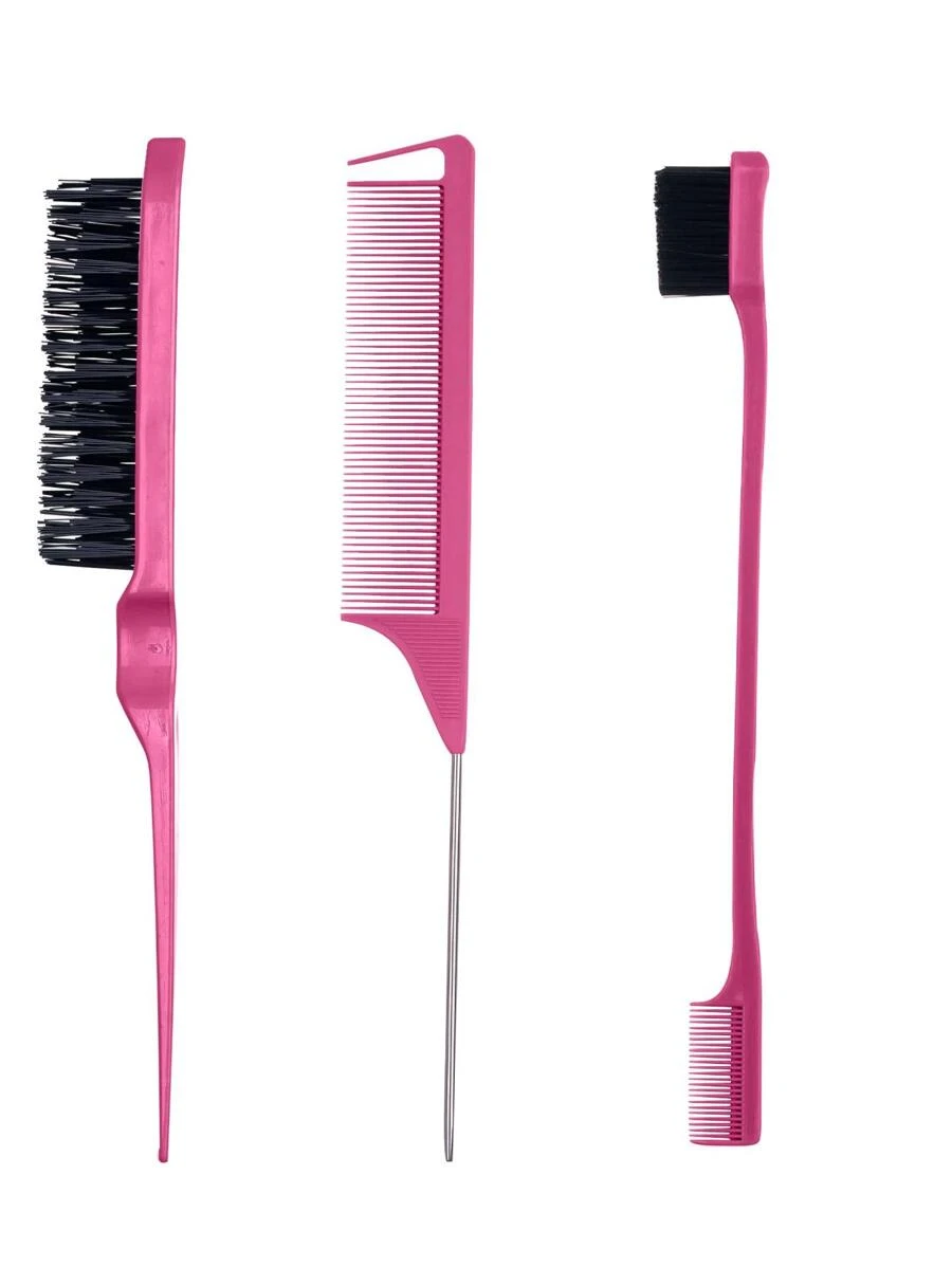 造型梳子套裝，3入組套頭髮造型梳子套裝逗弄髮刷鼠尾梳邊緣刷用於邊緣和背部梳理、梳理、光滑頭髮女式（粉色） - 粉色 - 查看 1