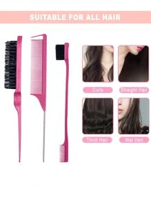 造型梳子套裝，3入組套頭髮造型梳子套裝逗弄髮刷鼠尾梳邊緣刷用於邊緣和背部梳理、梳理、光滑頭髮女式（粉色） - 粉色 - 查看 5
