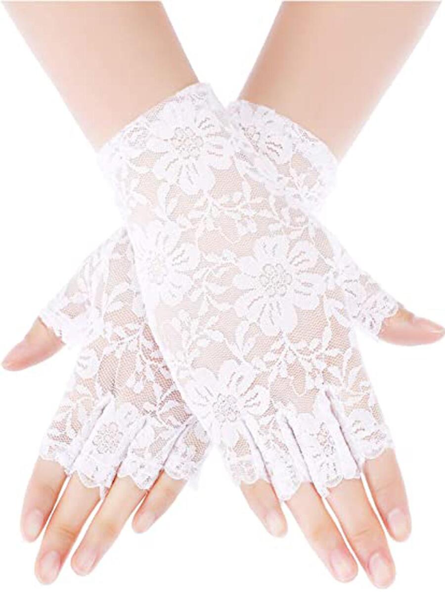 Găng tay hở ngón ren hoa - trắng - Xem 1