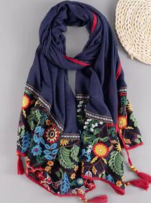 Floral Embroidered Tassel Decor Scarf - Navy Blue - View 1