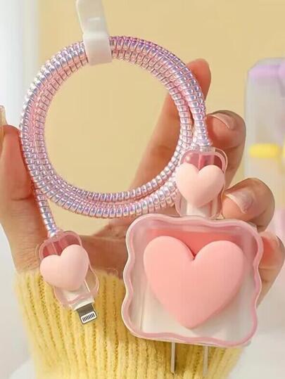 1套愛心裝飾數據線保護頭和充電頭套