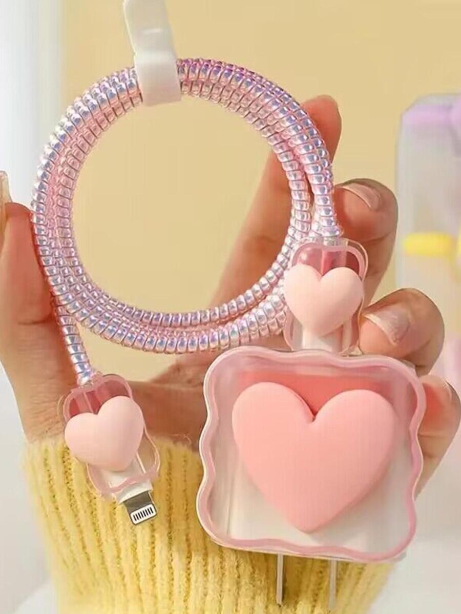 1 bộ bảo vệ cáp dữ liệu trang trí trái tim & nắp đầu sạc