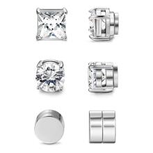 Bông Tai Kẹp Nam Châm Bằng Thép Không Gỉ Đơn Giản Thời Trang Đính Đá Cz, Không Xỏ Lỗ Cho Nam Và Nữ - 1 bộ 3 đôi - Xem 1