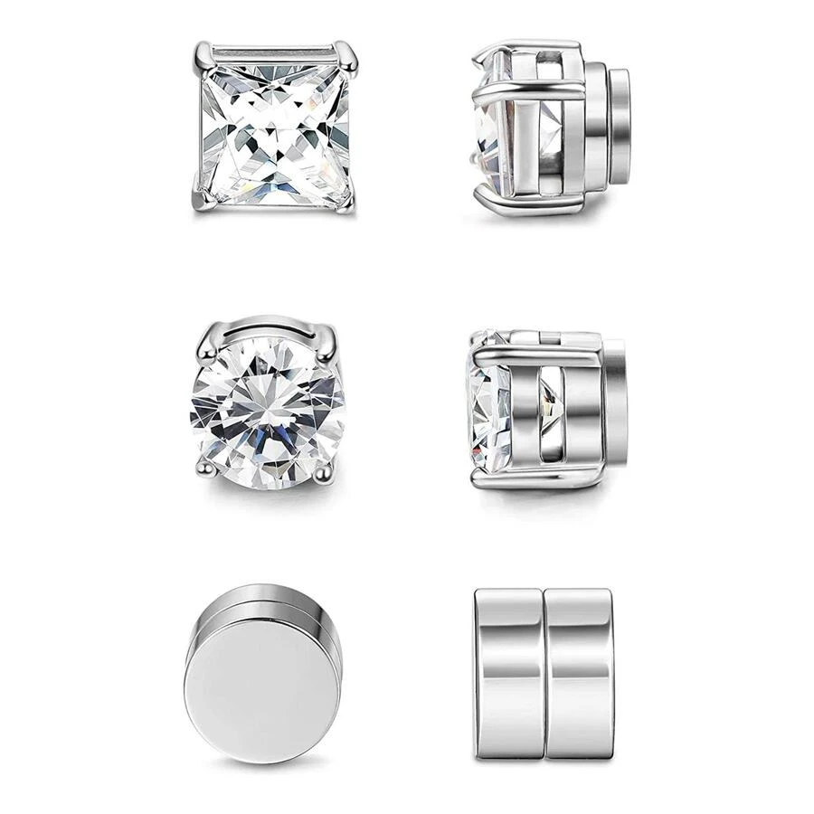 Bông Tai Kẹp Nam Châm Bằng Thép Không Gỉ Đơn Giản Thời Trang Đính Đá Cz, Không Xỏ Lỗ Cho Nam Và Nữ - 1 bộ 3 đôi - Xem 1