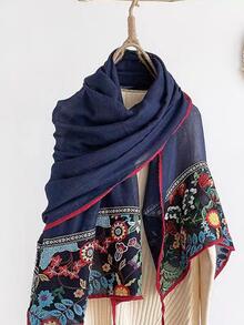 Floral Embroidered Tassel Decor Scarf - Navy Blue - View 3