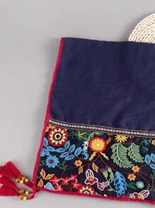 Floral Embroidered Tassel Decor Scarf - Navy Blue - View 4