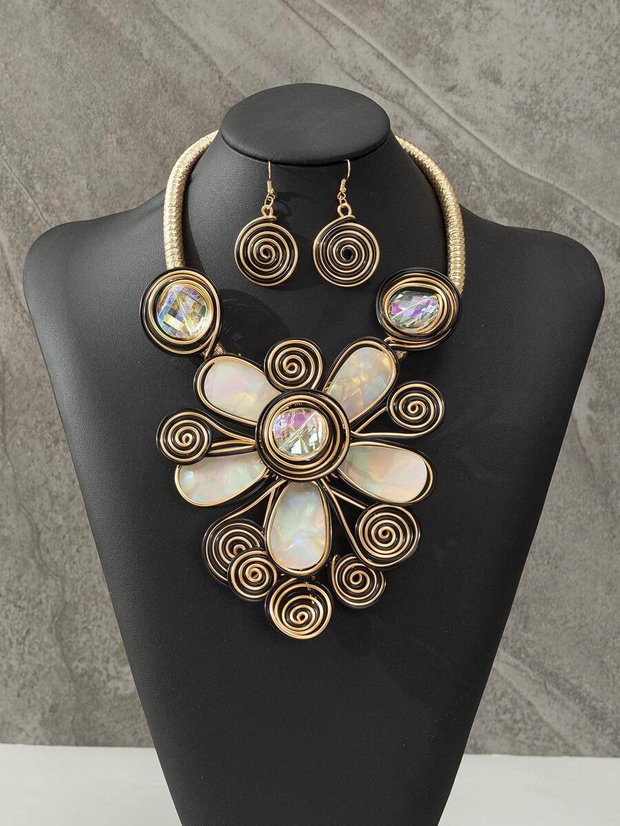 Ba mảnh của ngành công nghiệp nặng retro hoa tai vòng cổ phong cách quốc gia Bộ trang sức - Nhiều màu - Xem 1