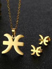 1pc European And American Style Minimalist Stainless Steel 12 Zodiac Sign Pendant Necklace For Women + 1pair European And American Style Minimalist Stainless Steel 12 Zodiac Sign Stud Earrings For Women, Suitable For Daily Wear - Yellow Gold - View 5