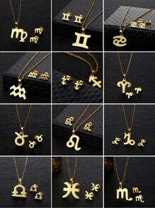 1pc European And American Style Minimalist Stainless Steel 12 Zodiac Sign Pendant Necklace For Women + 1pair European And American Style Minimalist Stainless Steel 12 Zodiac Sign Stud Earrings For Women, Suitable For Daily Wear - Yellow Gold - View 1