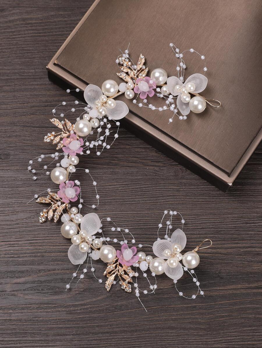 人造珍珠和花朵裝飾髮帶 - 彩色 - 查看 1