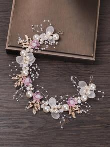 人造珍珠和花朵裝飾髮帶 - 彩色 - 查看 4