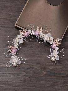 人造珍珠和花朵裝飾髮帶 - 彩色 - 查看 3