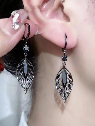 Elegant Leaf-Shaped Earrings - Timeless Classic Silver Jewelry, Inlaid With Dark Gemstones, Exclusive For Women