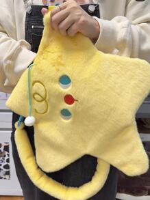 Cartoon Embroidered Star Design Novelty Bag Cute Style, Perfect Best Funny Novelty & Gag Gifts, Stars Hollow Women Bag, Fashionable Butter Yellow Bag For Women