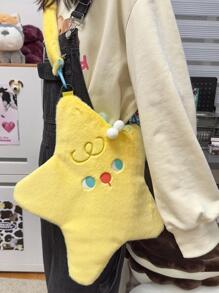 Cartoon Embroidered Star Design Novelty Bag Cute Style, Perfect Best Funny Novelty & Gag Gifts, Stars Hollow Women Bag, Fashionable Butter Yellow Bag For Women