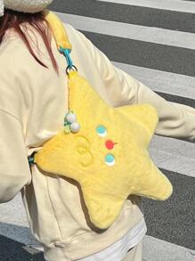 Cartoon Embroidered Star Design Novelty Bag Cute Style, Perfect Best Funny Novelty & Gag Gifts, Stars Hollow Women Bag, Fashionable Butter Yellow Bag For Women