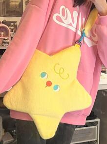 Cartoon Embroidered Star Design Novelty Bag Cute Style, Perfect Best Funny Novelty & Gag Gifts, Stars Hollow Women Bag, Fashionable Butter Yellow Bag For Women
