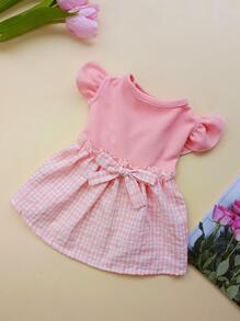 1入組格紋印花荷葉邊寵物連衣裙