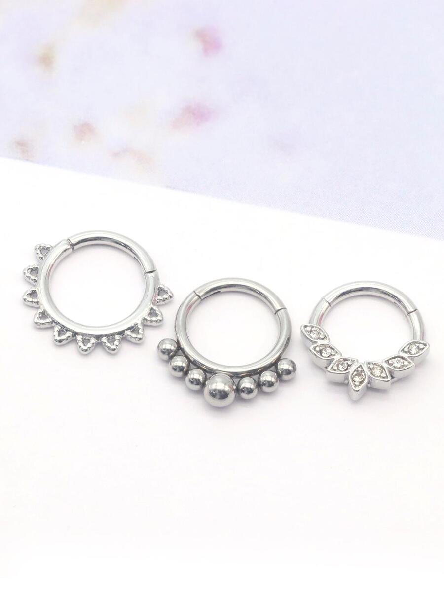 3 piezas / Set miedoso bola & con diseño de diamante de imitación Aro para la nariz para mujeres para fiesta - Plateado - Ver 1