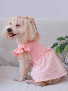 1入組格紋印花荷葉邊寵物連衣裙