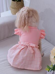 1入組格紋印花荷葉邊寵物連衣裙