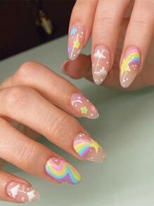 Get Glamorous With 24pcs Pastel Rainbow Long Almond Striped Full Cover Fake Nail With Floral Cloud Press On Nails Set - Multicolor - View 1