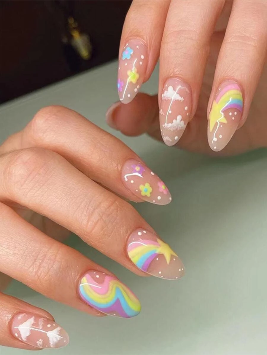 Get Glamorous With 24pcs Pastel Rainbow Long Almond Striped Full Cover Fake Nail With Floral Cloud Press On Nails Set - Multicolor - View 1