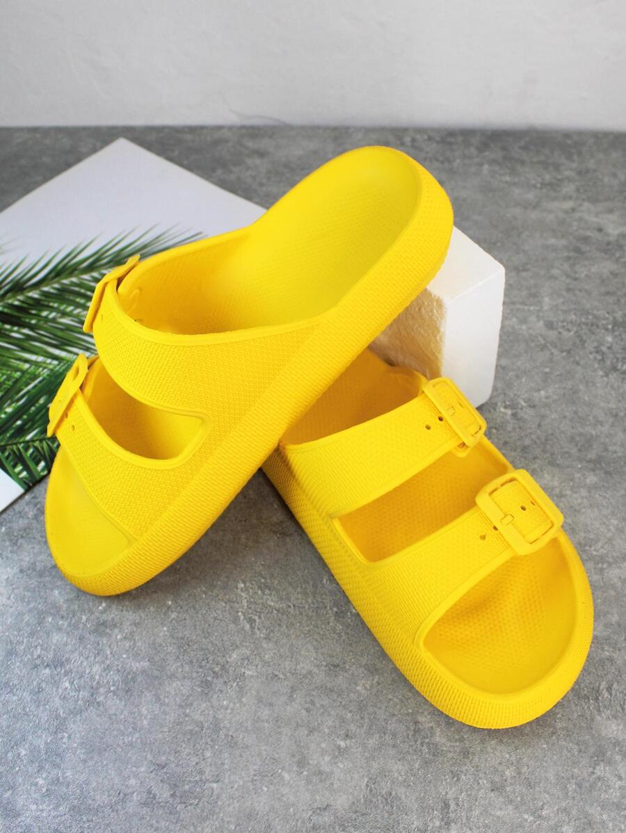 happy slides 新款女式黃色帶扣一腳蹬涼鞋，防滑，柔軟，耐磨，減震，戶外/室內使用舒適拖鞋（尺寸36-40） - 黃色 - 查看 1