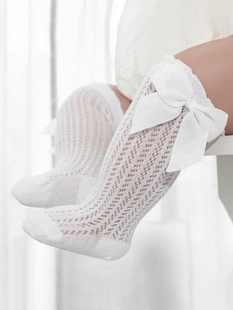 1雙女嬰素色蝴蝶結裝飾透氣可愛網眼襪適用於日常生活