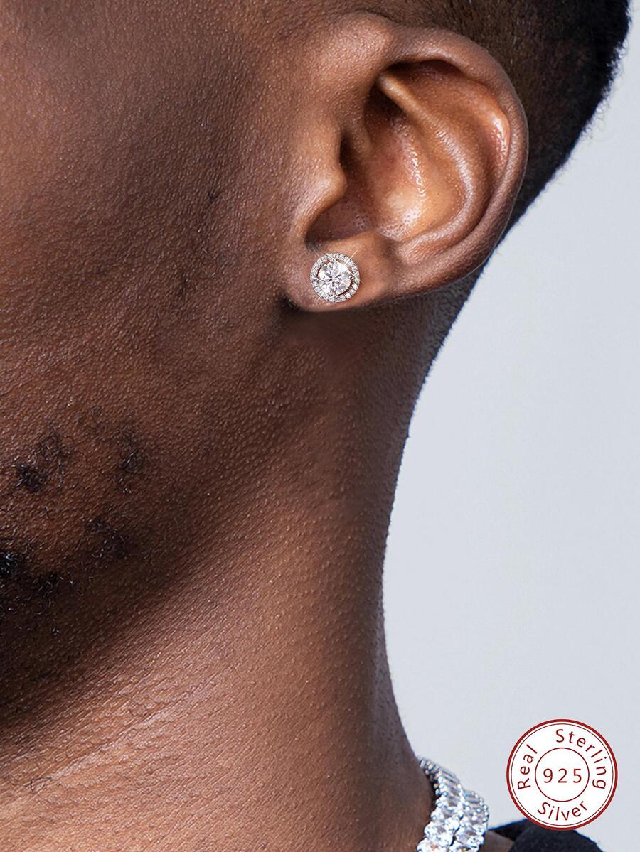 1雙莫桑石水鑽婚禮耳環S925純銀圓形耳釘奢華首飾類禮物適合男士