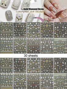 A小金光閃閃美甲貼紙,30床單3D金屬質感金色發亮彩虹色奢華指甲自黏式貼花適合女士女孩沙龍家庭DIY