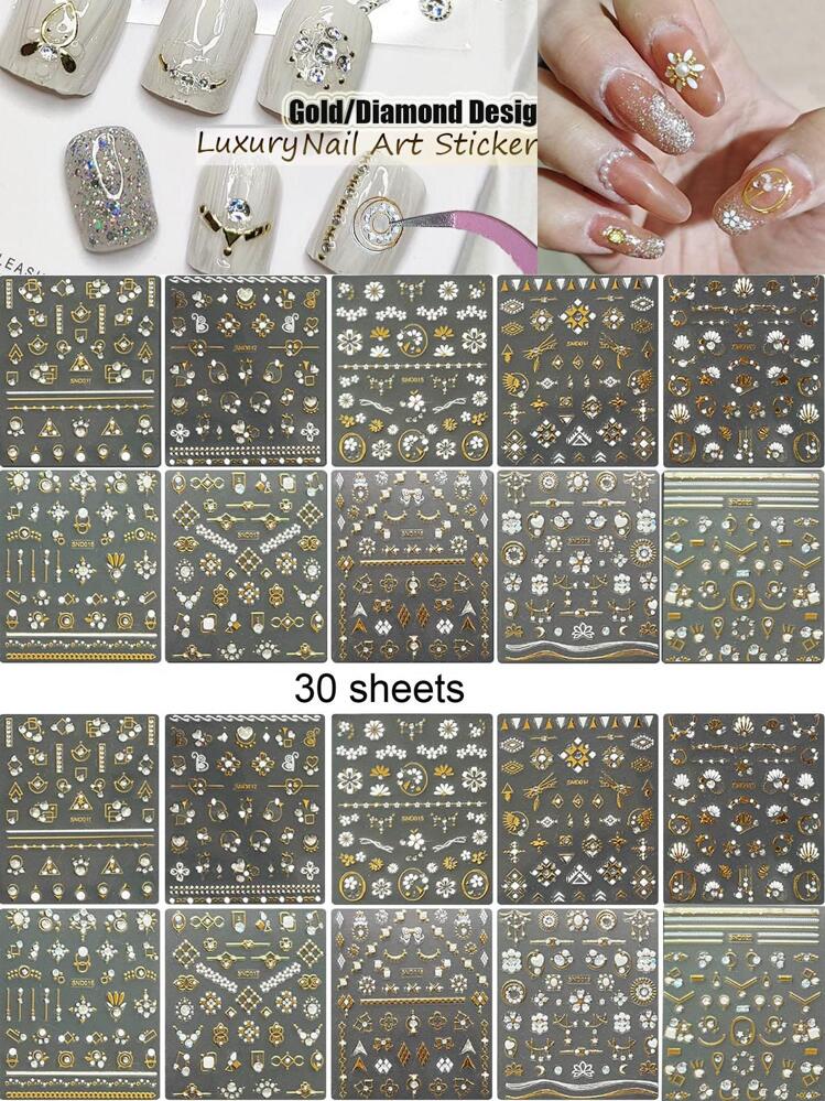 Adesivos para unhas A Little Bling, 30 folhas, 3D, dourado metálico brilhante e iridescente, luxuosos, autoadesivos para unhas, para mulheres e meninas, para salão de beleza, casa, faça você mesma, suprimentos para unhas. - Ouro - Ver 3