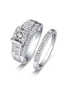 2pcs/Set Fashionable Elegant Luxury Wedding Rings Made Of 925 Sterling Silver & Cubic Zirconia With Gold-Color Plating, Ideal For Women On Engagement, Wedding, Anniversary And Festive Occasions Bridal Jewelry