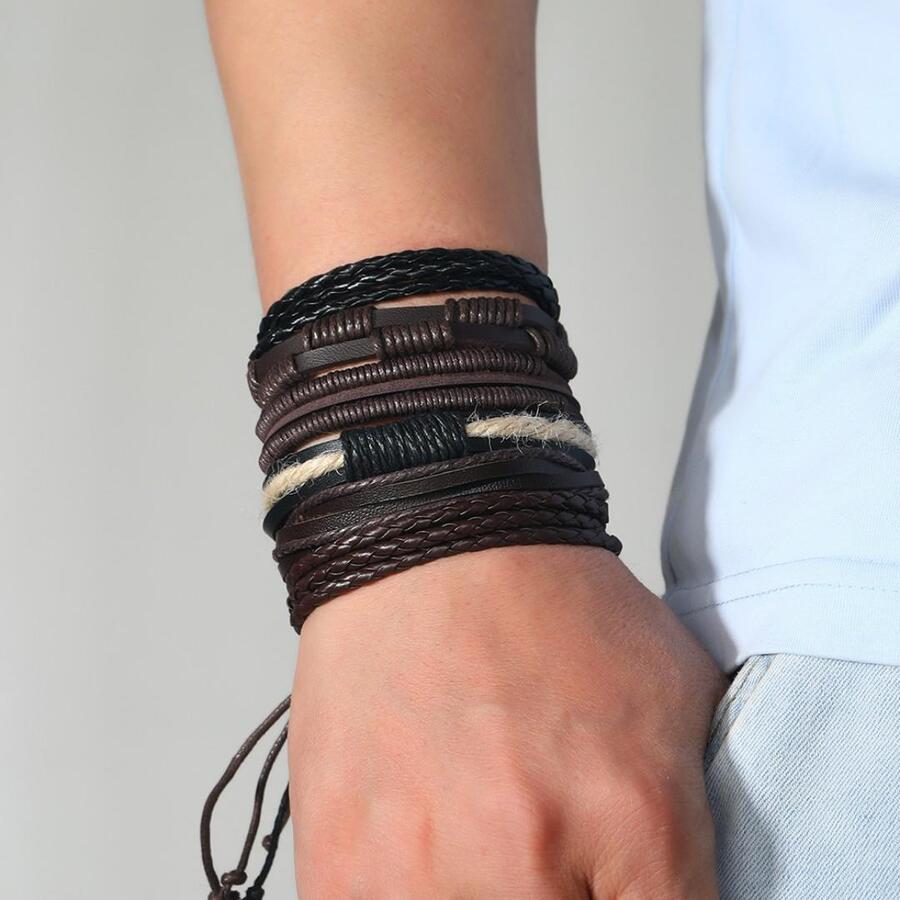 6 cái/bộ Vòng tay chi tiết bện - màu nâu - Xem 1