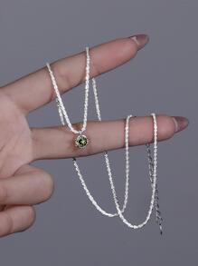 BALMORA 一件 S925 銀時尚綠色粉紅色方晶鋯石花朵吊墜項鍊女式豪華復古閃閃發光鎖骨鏈珠寶禮物 - 銀色 - 查看 4