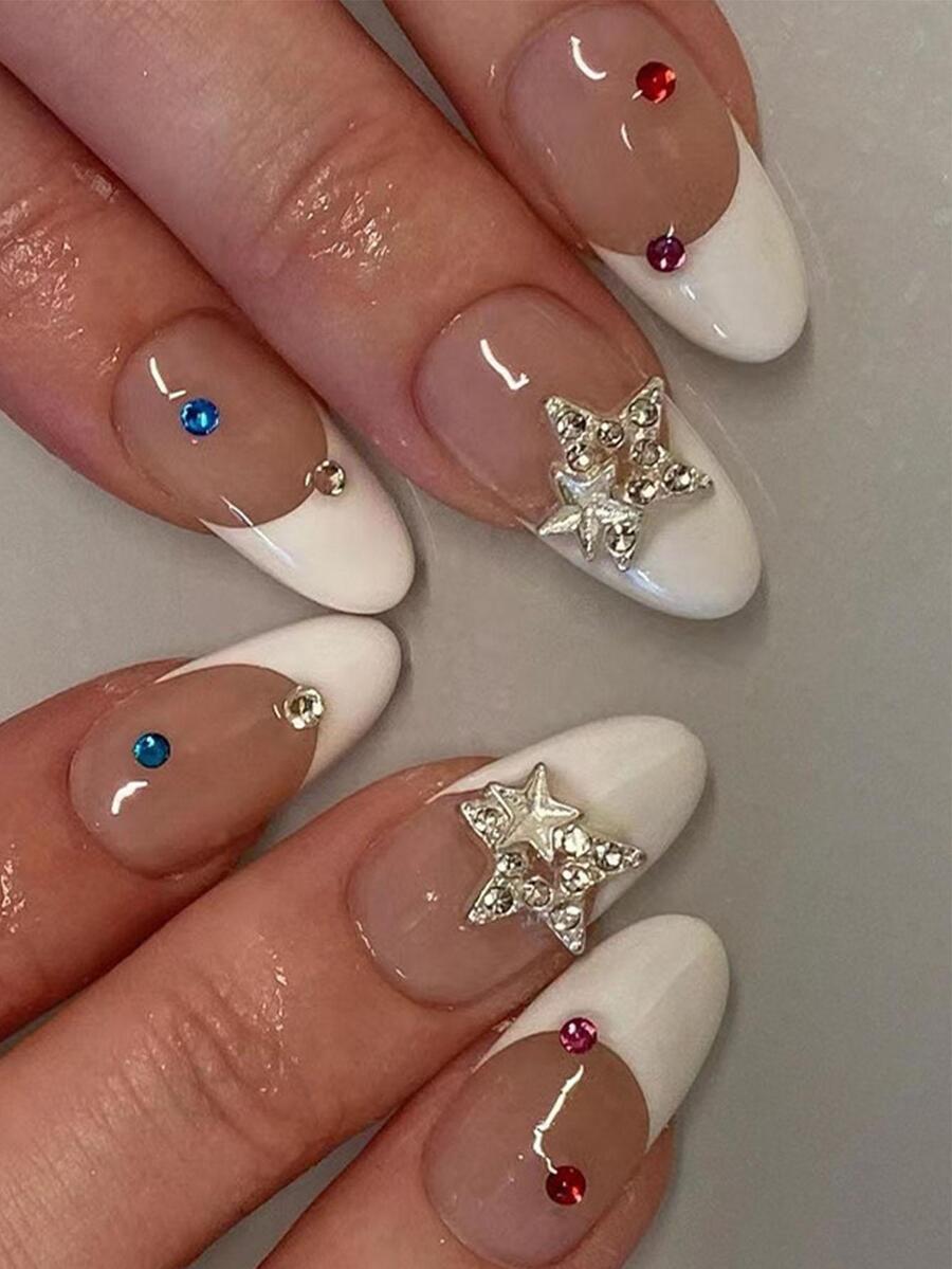 Get Glamorous With 24pcs Long Almond Star Decor Full Cover Fake Nail Set - Multicolor - View 1