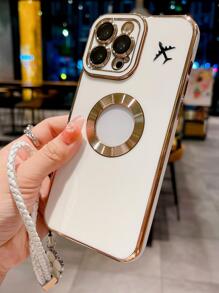 Phone Charm Airplane Pattern Hollow Out Phone Case With Lanyard Compatible With IPhone 15/15Pro/15Plus/15Promax - Beige - View 2